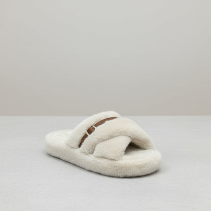 Women’s Fuzzy Cross-Band Slide Slippers with Buckle — Product image: 