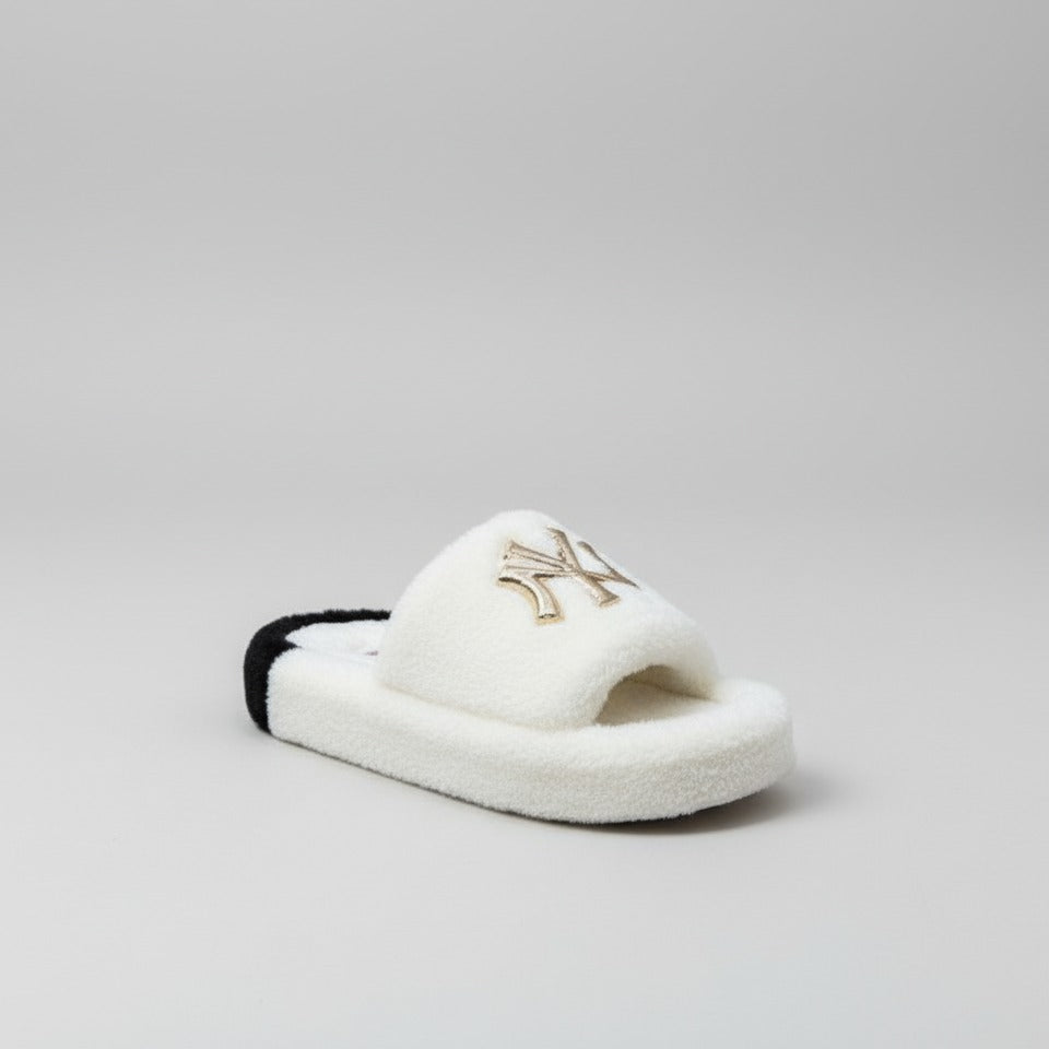 Women’s Fuzzy Open-Toe Slide Slippers with Monogram Detail — Product image: