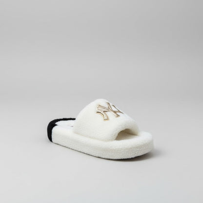 Women’s Fuzzy Open-Toe Slide Slippers with Monogram Detail — Product image: