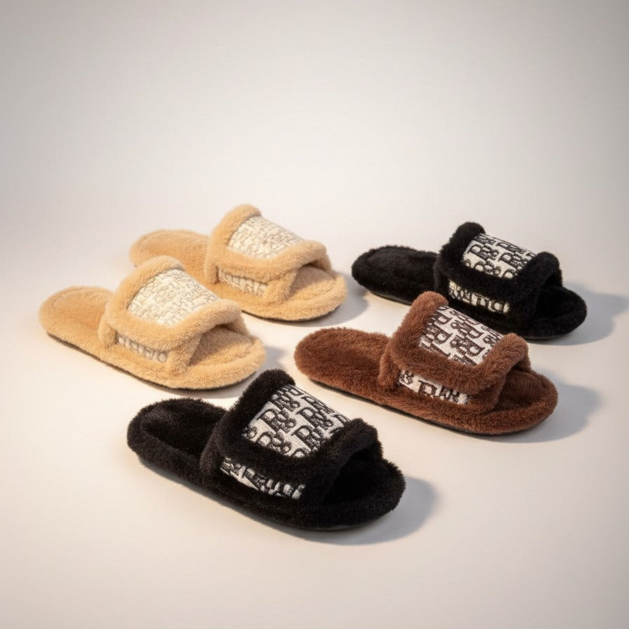 Women’s Plush Open-Toe Slide Slippers with Patterned Strap — Product image:
