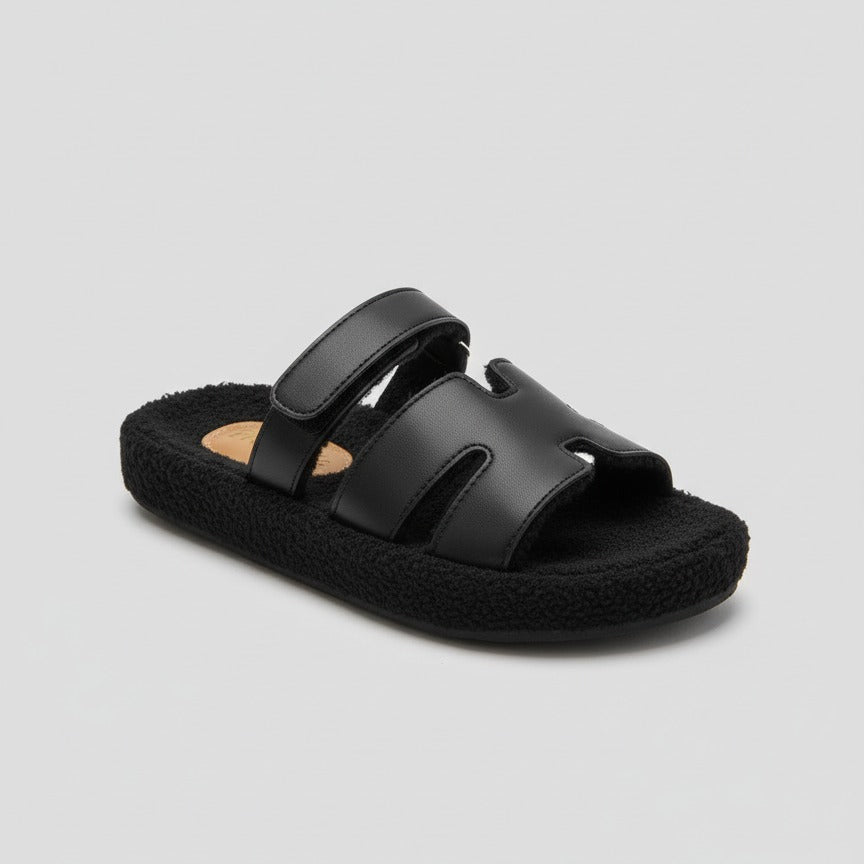 Women’s faux-leather two-strap sherpa slides — Product image: