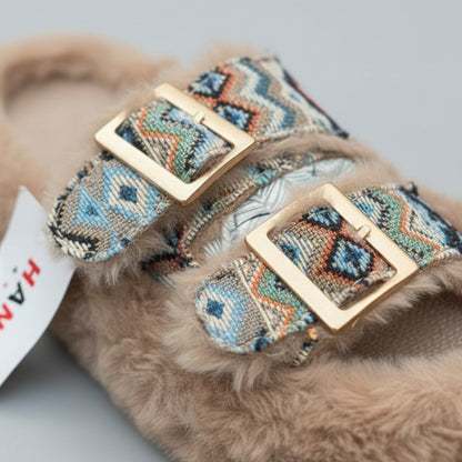 Women’s faux‑fur double‑buckle slide slippers — Product image: