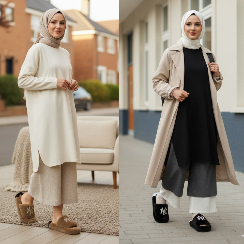 Women’s Fuzzy Open-Toe Slide Slippers with Monogram Detail — Product image: