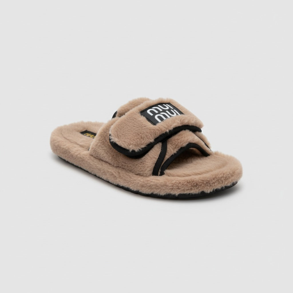 Women’s Fuzzy Adjustable-Strap Slide Slippers — Product image: 
