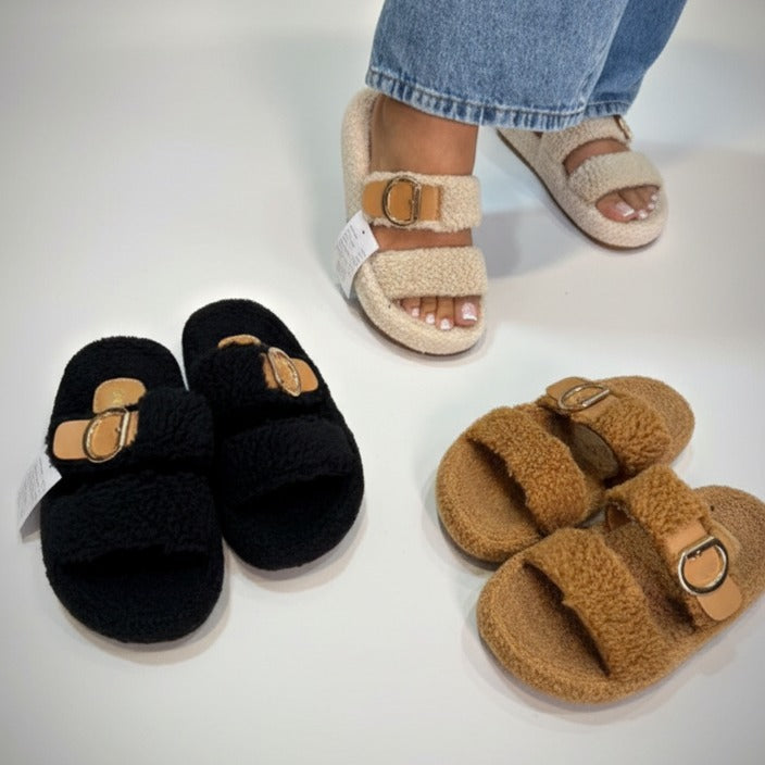 Women’s fuzzy double-strap buckle slide sandals — Product image: