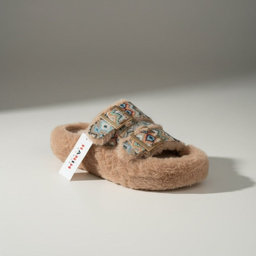 Women’s faux‑fur double‑buckle slide slippers — Product image: