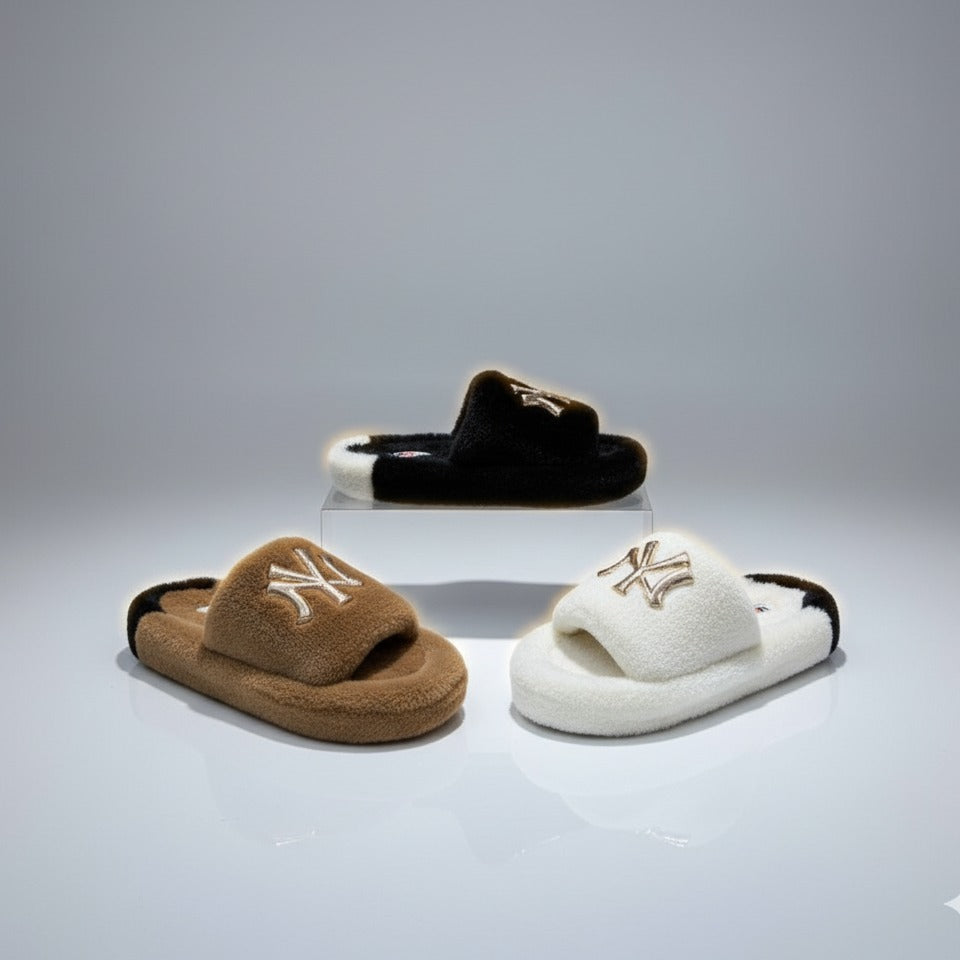 Women’s Fuzzy Open-Toe Slide Slippers with Monogram Detail — Product image: