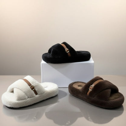 Women’s Fuzzy Cross-Band Slide Slippers with Buckle — Product image: 