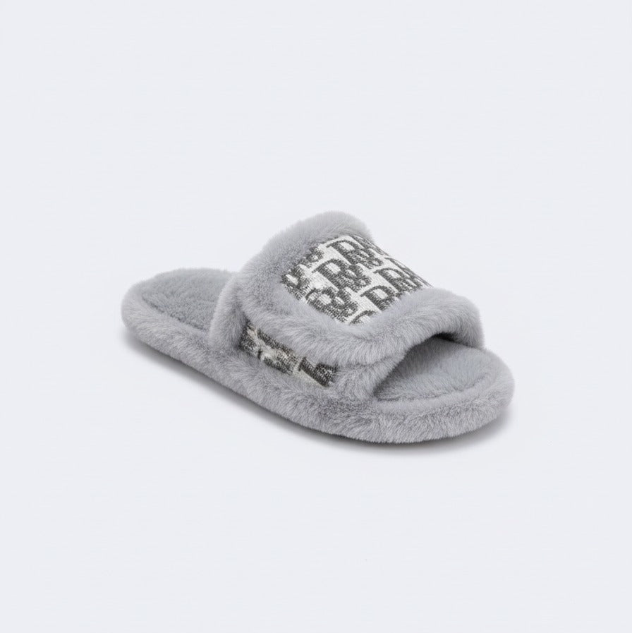 Women’s Plush Open-Toe Slide Slippers with Patterned Strap — Product image: