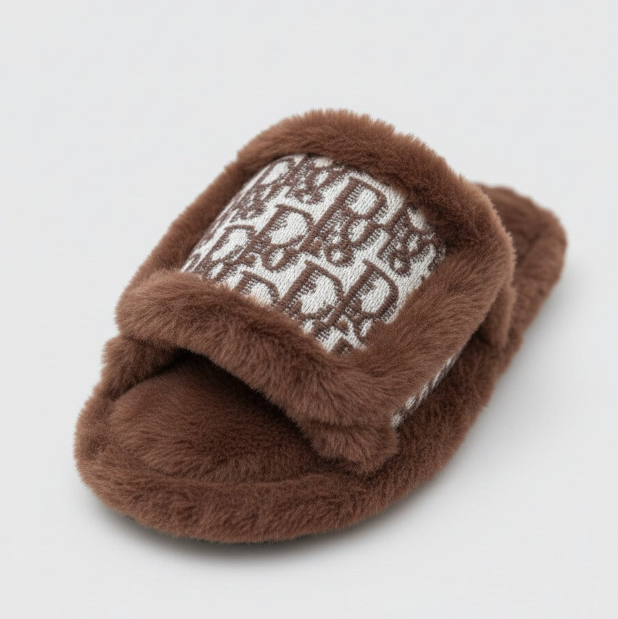 Women’s Plush Open-Toe Slide Slippers with Patterned Strap — Product image: