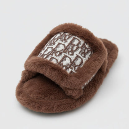 Women’s Plush Open-Toe Slide Slippers with Patterned Strap — Product image: