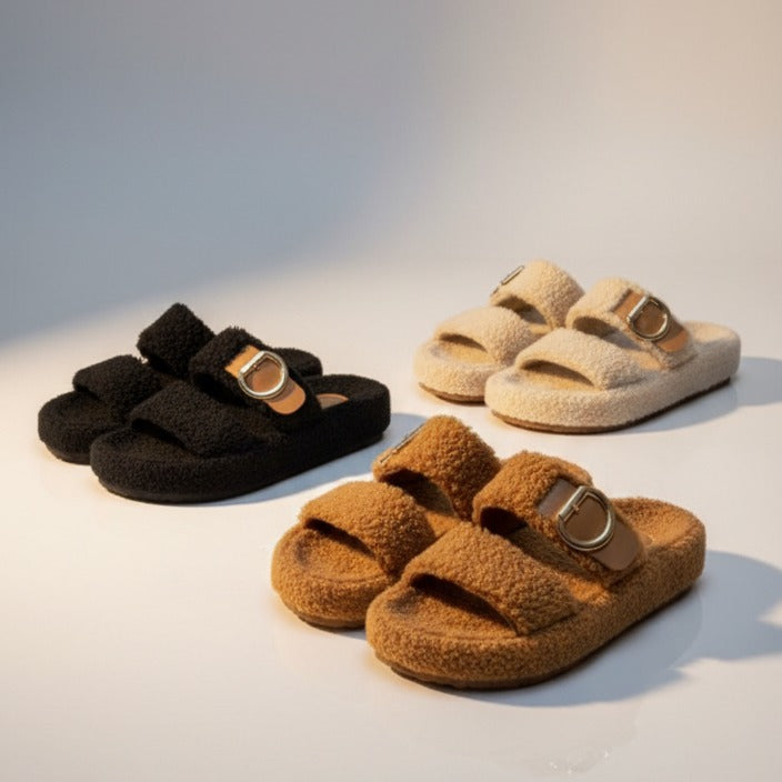 Women’s fuzzy double-strap buckle slide sandals — Product image: