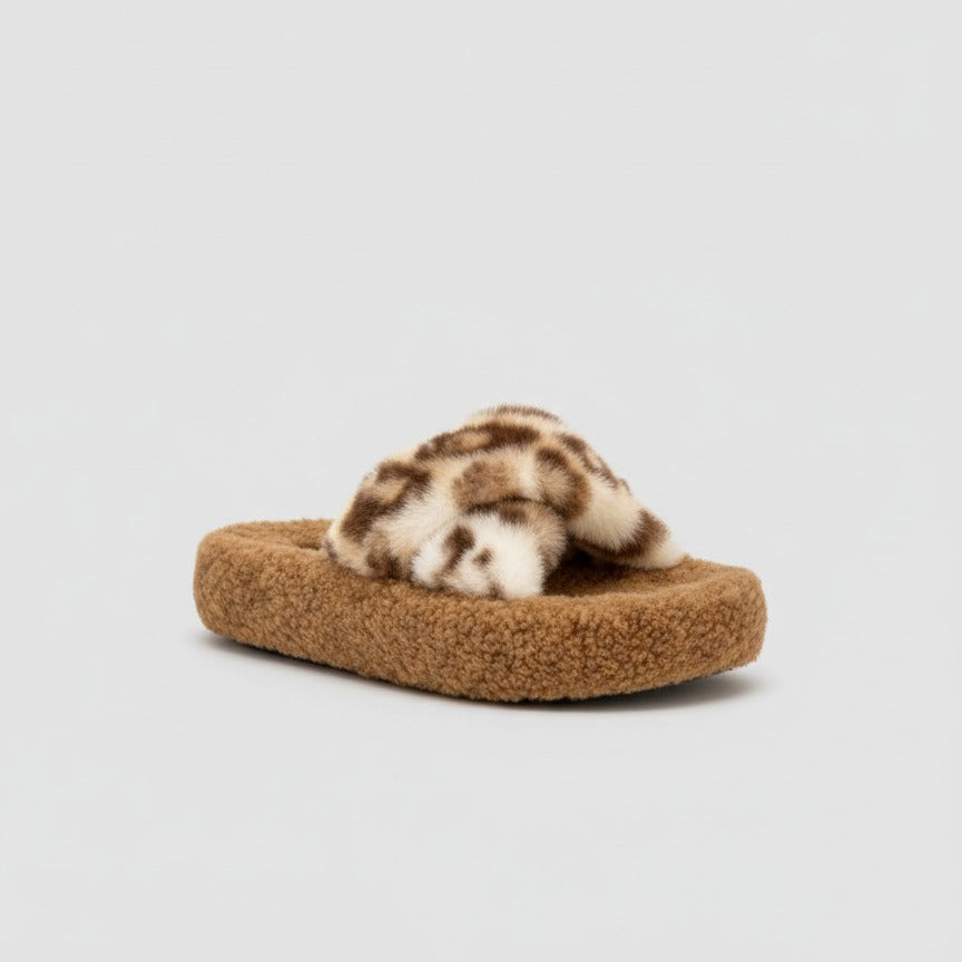 Women’s Fuzzy Animal-Print Slide Slippers — Product image: 