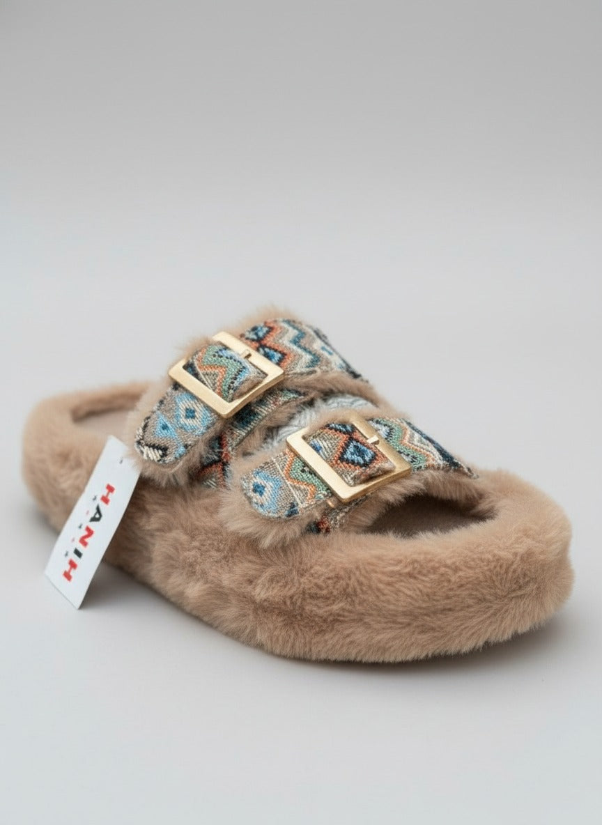 Women’s faux‑fur double‑buckle slide slippers — Product image:
