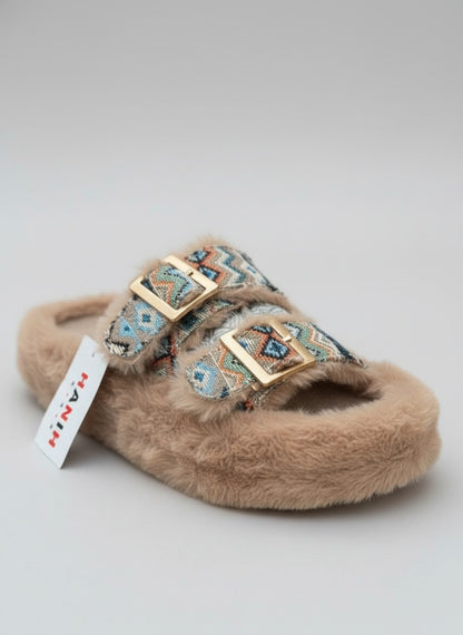 Women’s faux‑fur double‑buckle slide slippers — Product image: