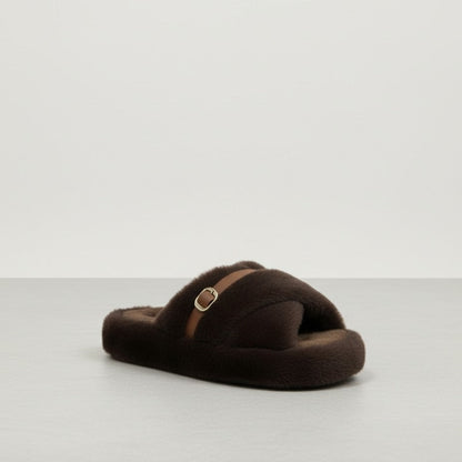 Women’s Fuzzy Cross-Band Slide Slippers with Buckle — Product image: 