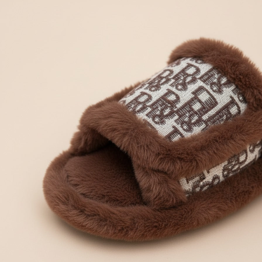 Women’s Plush Open-Toe Slide Slippers with Patterned Strap — Product image: