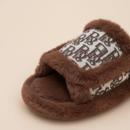 Women’s Plush Open-Toe Slide Slippers with Patterned Strap — Product image: