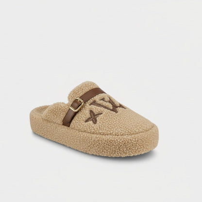 Women’s teddy-fleece buckle clog slippers — Product image: