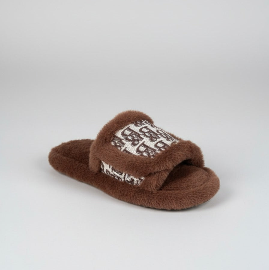 Women’s Plush Open-Toe Slide Slippers with Patterned Strap — Product image: