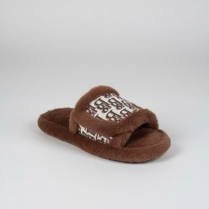 Women’s Plush Open-Toe Slide Slippers with Patterned Strap — Product image: