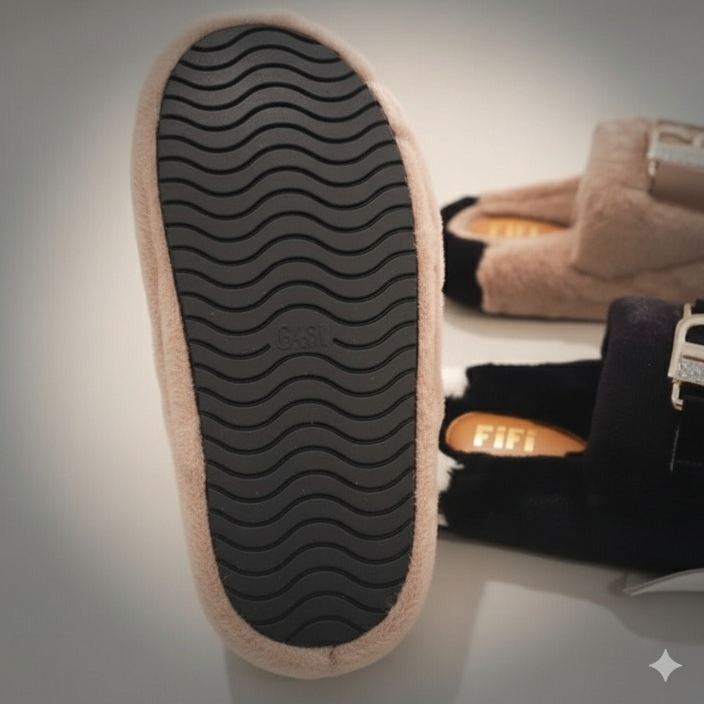 Women’s Cozy Plush Slippers – Luxe Comfort With Elegant Buckle Detail