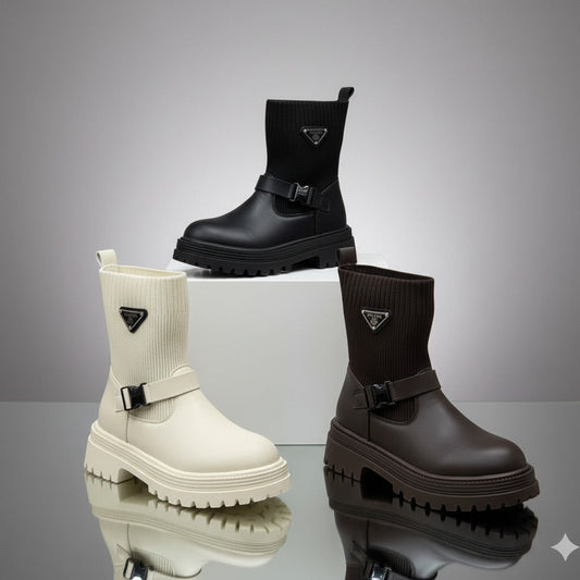 Women's lug-sole sock boots with buckle — Product image: