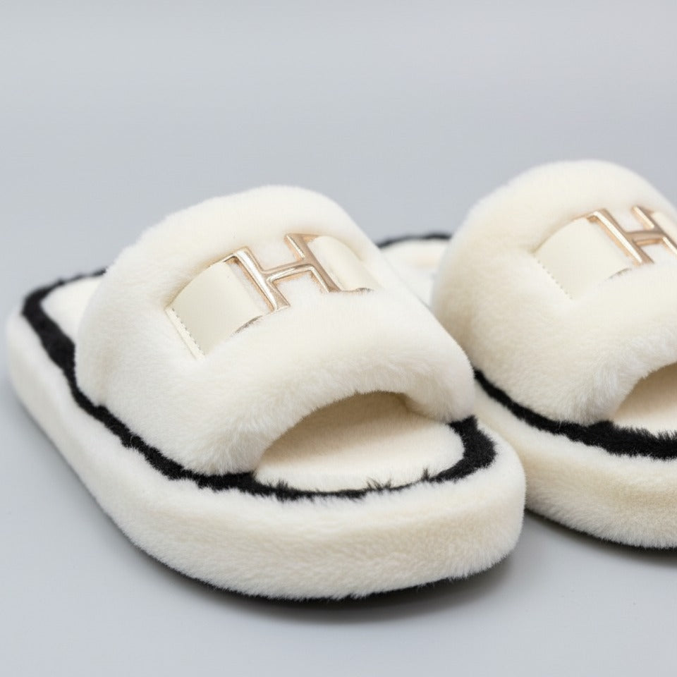 Women’s Plush Slide Slippers with Metal Accent — Product image: