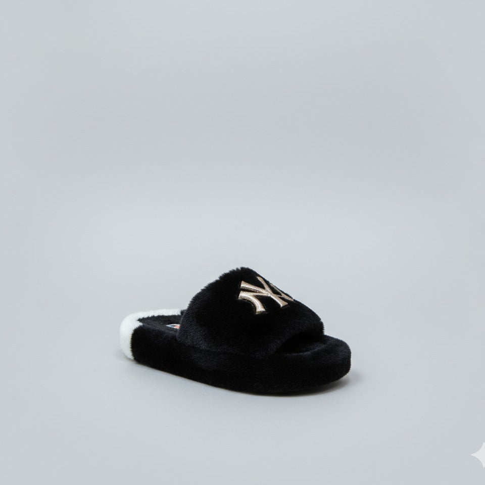 Women’s Fuzzy Open-Toe Slide Slippers with Monogram Detail — Product image: