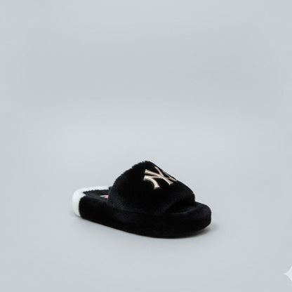 Women’s Fuzzy Open-Toe Slide Slippers with Monogram Detail — Product image: