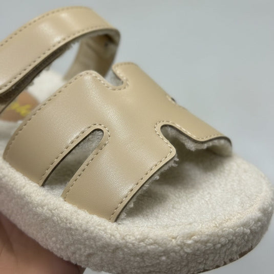 Women’s faux-leather two-strap sherpa slides — Product image: 