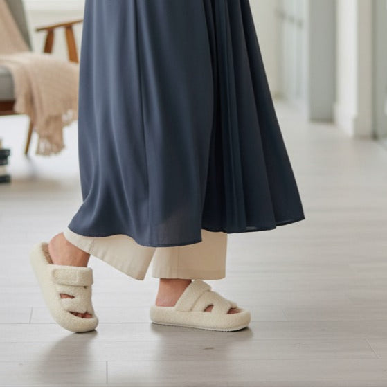 Women’s Fuzzy Two‑Strap Open-Toe Slide Slippers — Product image: