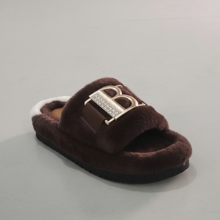 Women’s plush faux‑fur mule slippers with rhinestone buckle — Product image: 