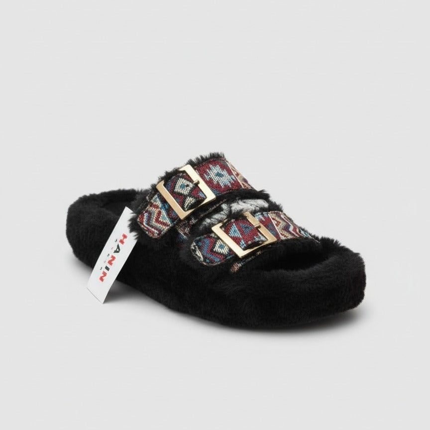 Women's Faux-Fur Double-Buckle Slippers - Closed-Toe Warmth — Product image: Plush faux-fur and closed-toe coverage warm your toes fast on cold floors. Two a