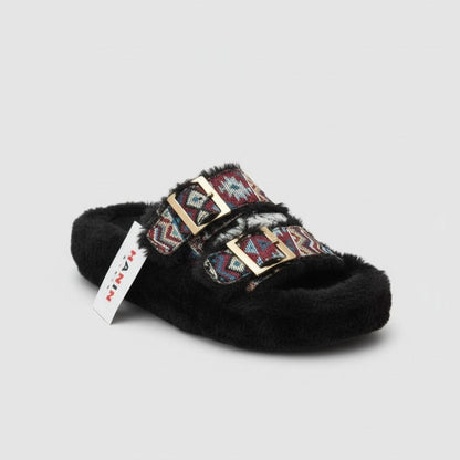 Women's Faux-Fur Double-Buckle Slippers - Closed-Toe Warmth — Product image: Plush faux-fur and closed-toe coverage warm your toes fast on cold floors. Two a