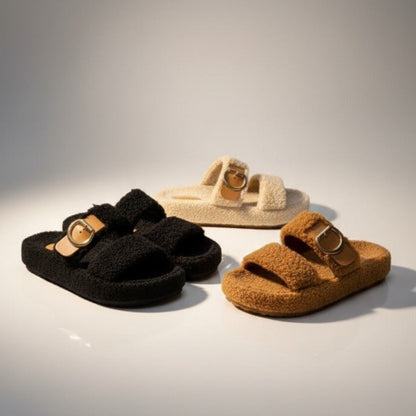 Women’s fuzzy double-strap buckle slide sandals — Product image: