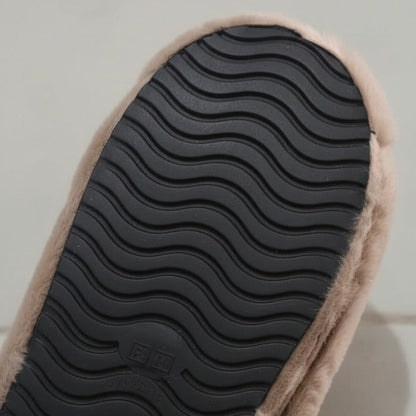 Women’s plush faux‑fur mule slippers with rhinestone buckle — Product image: 