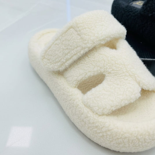 Women’s Fuzzy Two‑Strap Open-Toe Slide Slippers — Product image: 