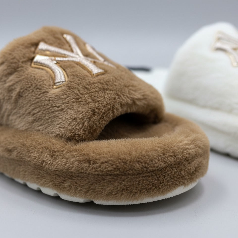 Women’s Fuzzy Open-Toe Slide Slippers with Monogram Detail — Product image: