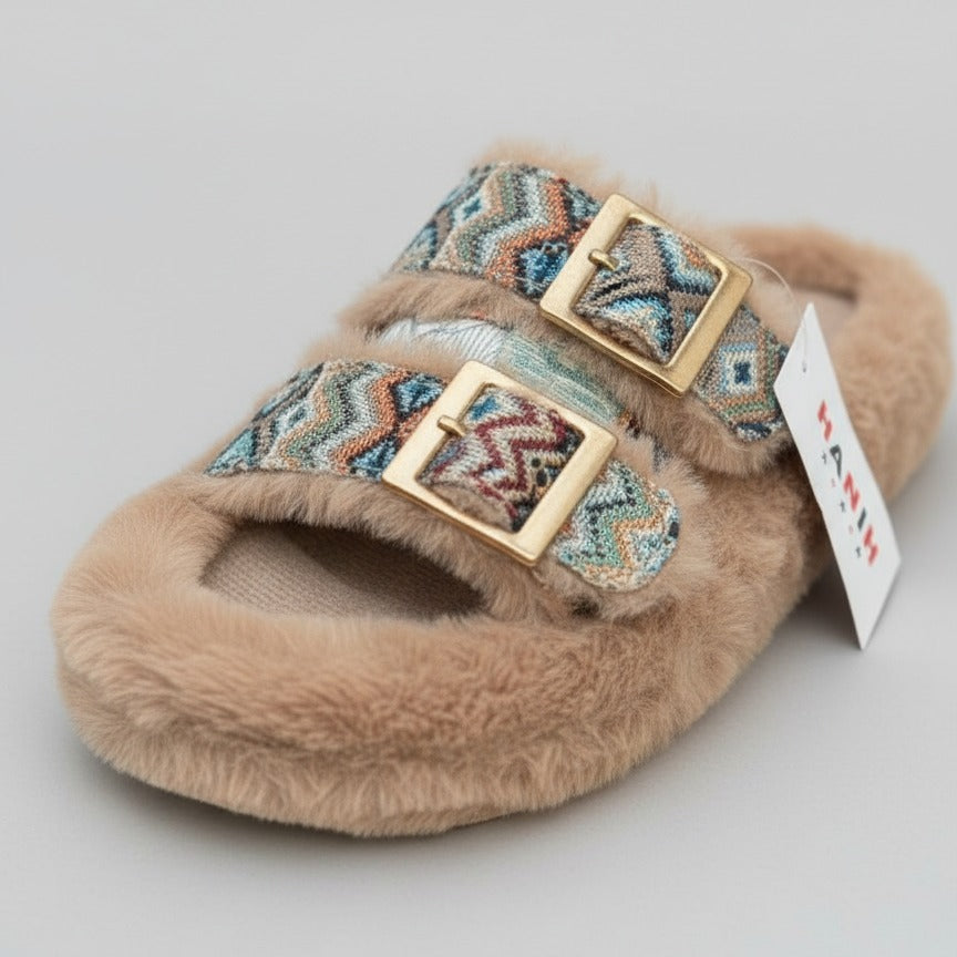 Women’s faux‑fur double‑buckle slide slippers — Product image: