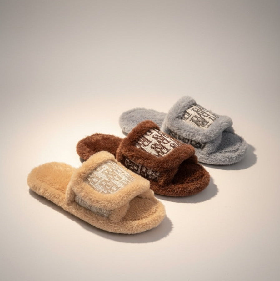 Women’s Plush Open-Toe Slide Slippers with Patterned Strap — Product image: