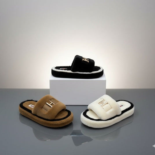 Women’s Plush Slide Slippers with Metal Accent — Product image: 