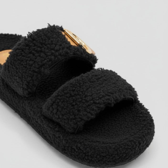 Women’s fuzzy double-strap buckle slide sandals — Product image: