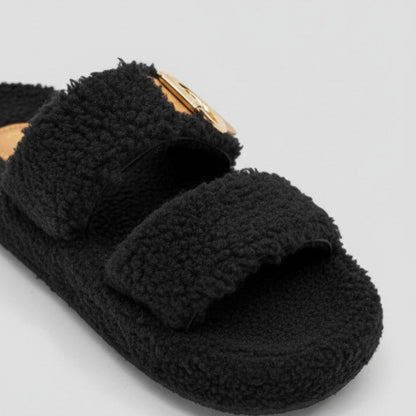 Women’s fuzzy double-strap buckle slide sandals — Product image: