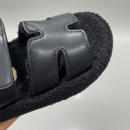 Women’s faux-leather two-strap sherpa slides — Product image: