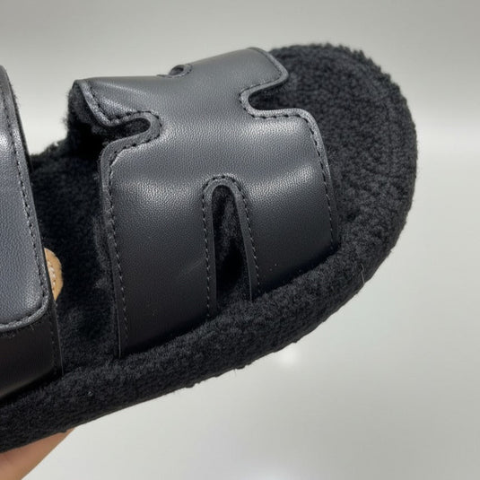 Women’s faux-leather two-strap sherpa slides — Product image: 