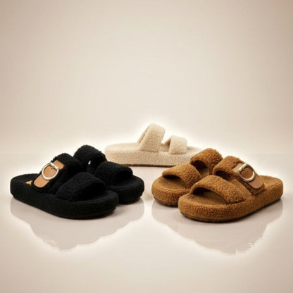 Women’s fuzzy double-strap buckle slide sandals — Product image: