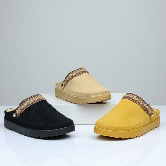 Women’s suede-look platform clogs with woven strap — Product image: 