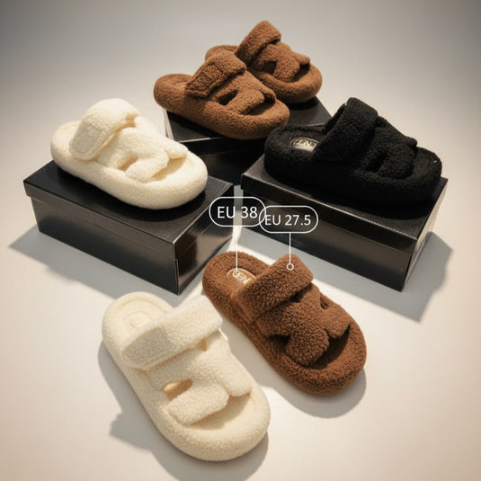 Women’s Fuzzy Two‑Strap Open-Toe Slide Slippers — Product image: 