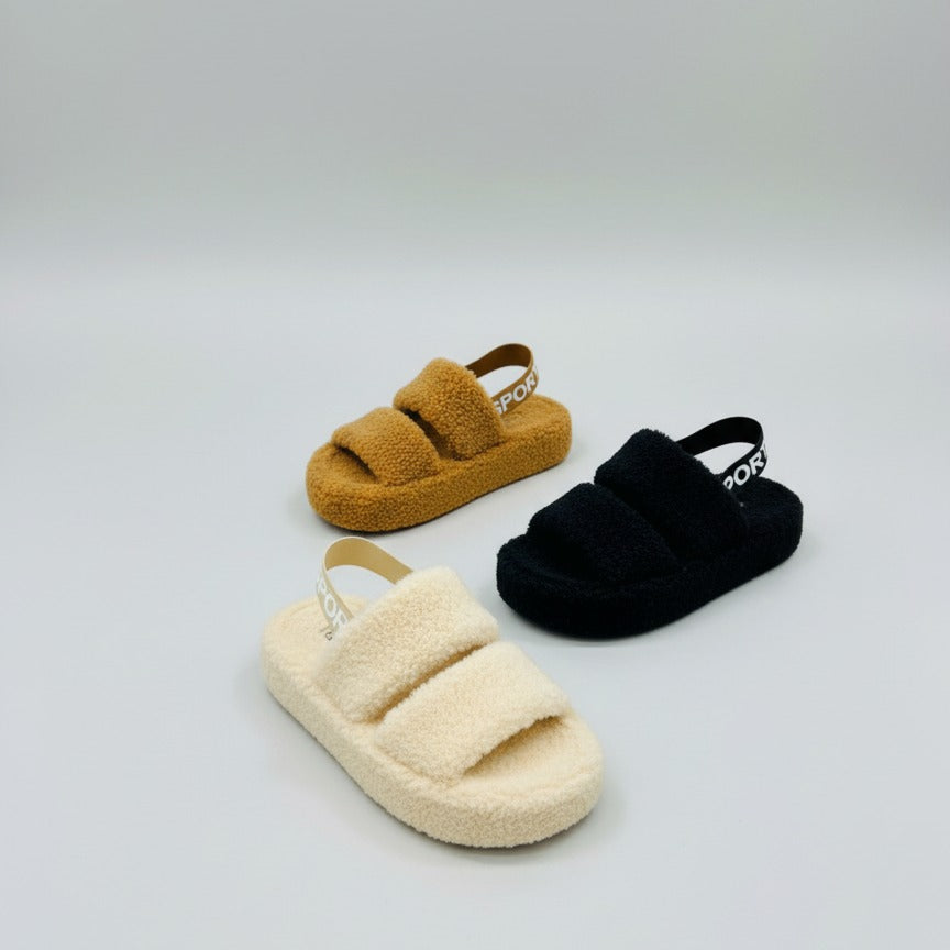 Women’s Fuzzy Double‑Strap Platform Sandals with Heel Strap — Product image: